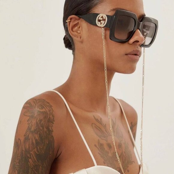 Gucci GG1022S 005 Sunglasses Black Square Frame, Brown with Gold Chain Lenses - Picture 3 of 11